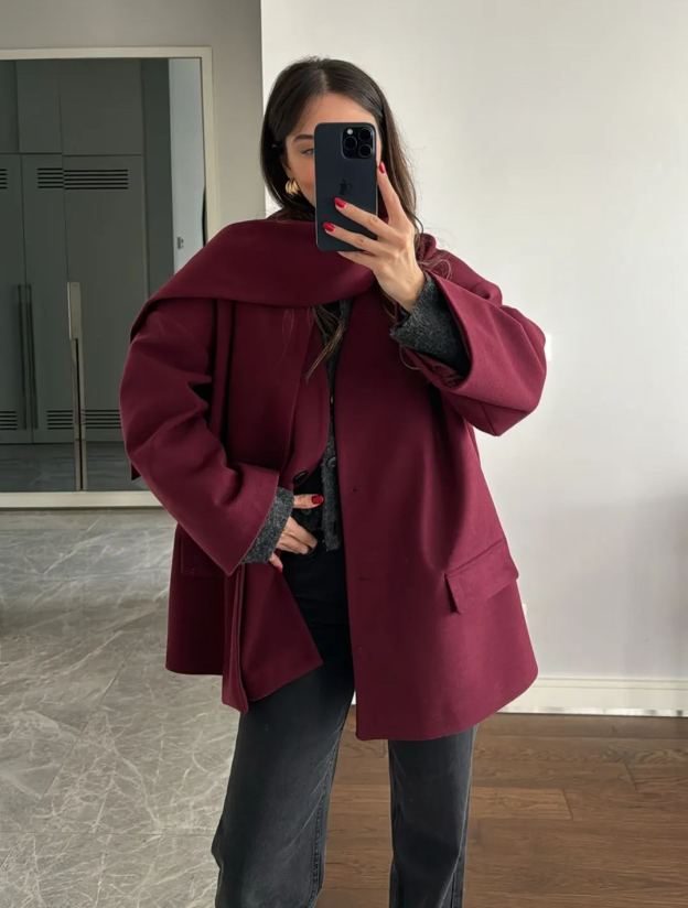 Burgundy Shawl Detailed Cashmere Jacket