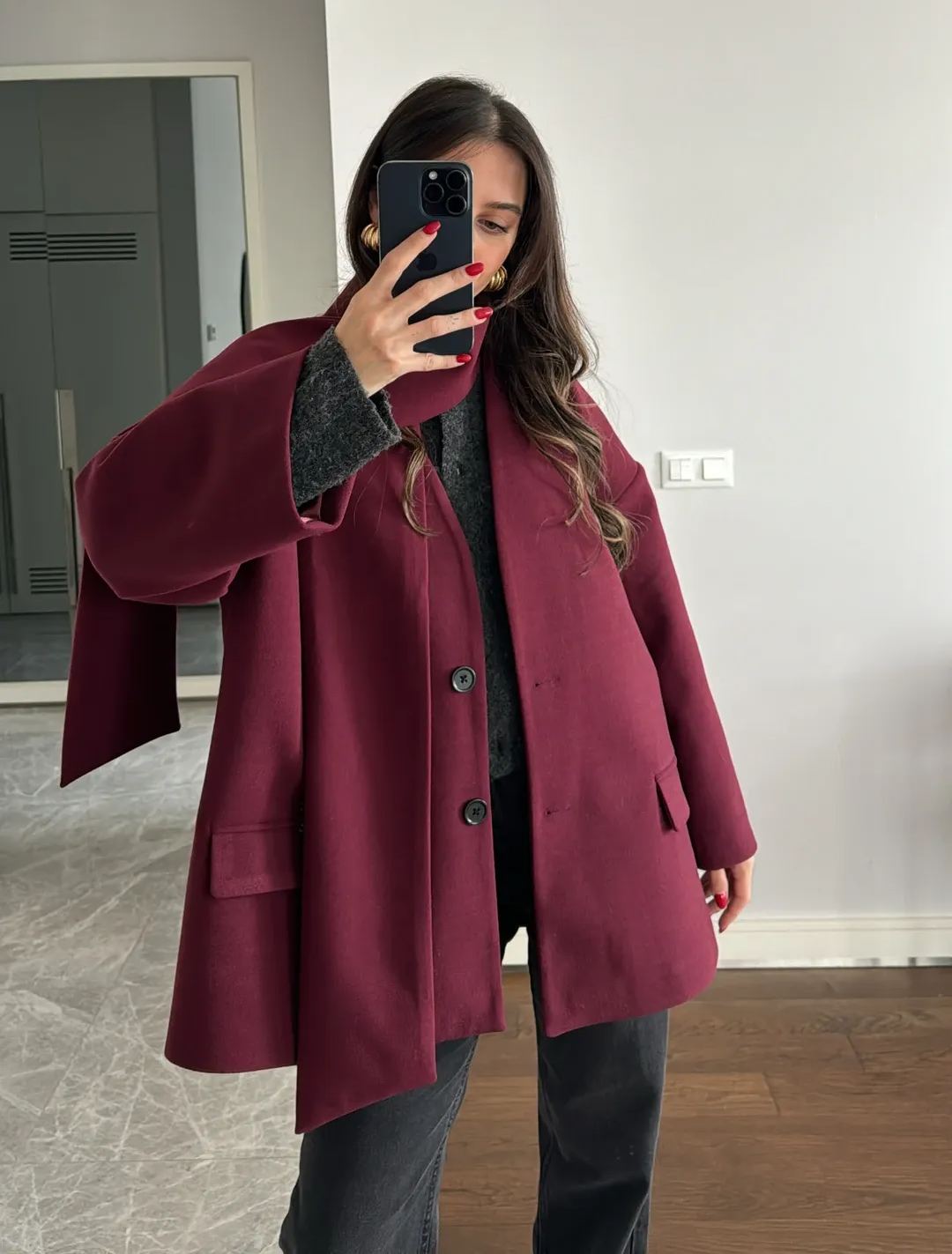 Burgundy Shawl Detailed Cashmere Jacket