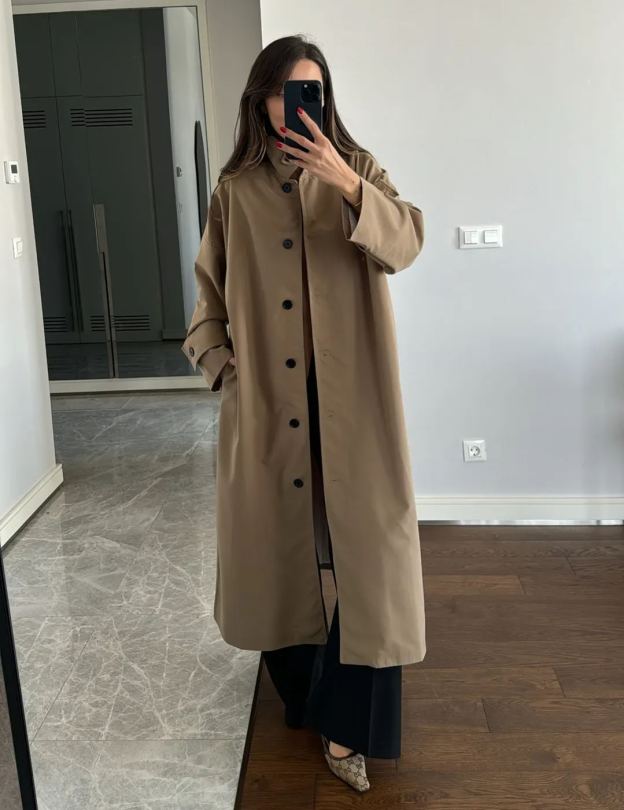 Button Detailed Almond Green Trench Coat