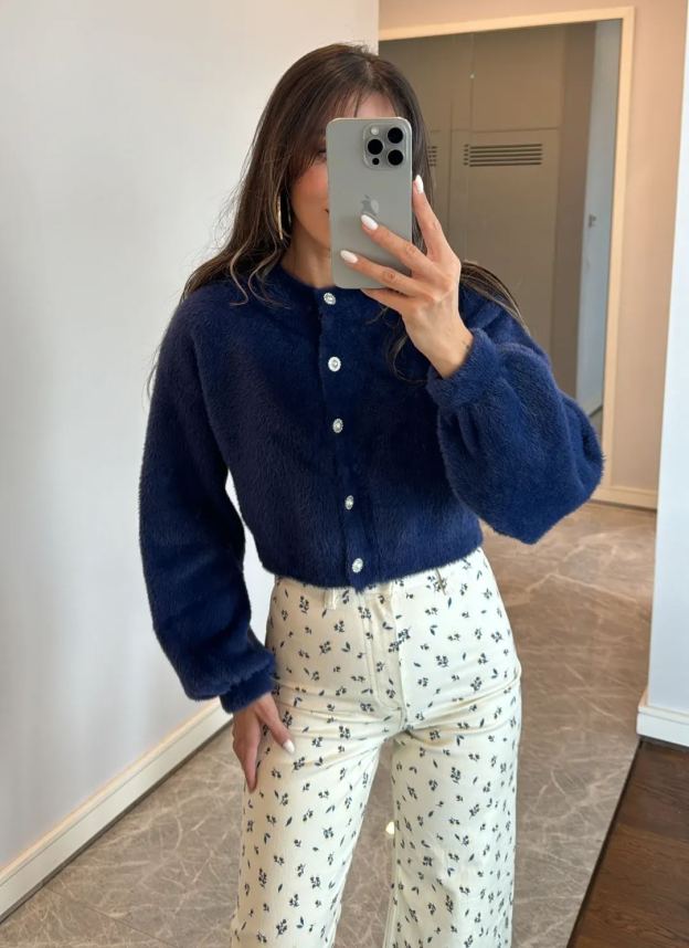 Navy Blue Stone Button Detailed Cardigan