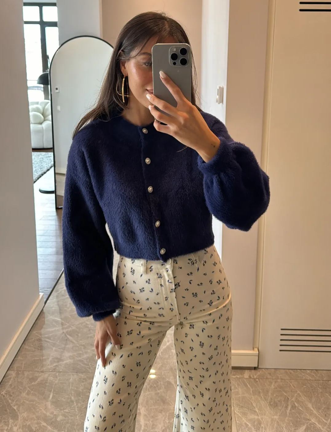 Navy Blue Stone Button Detailed Cardigan