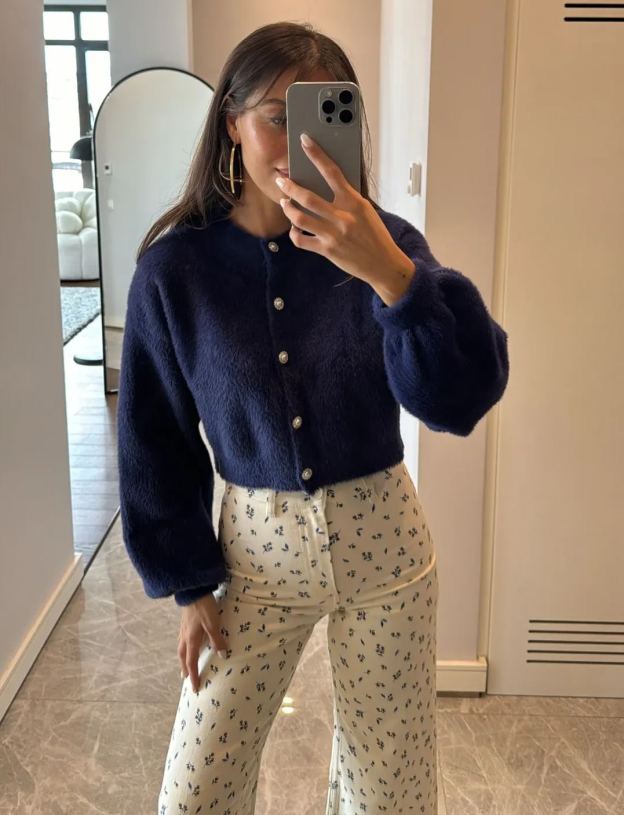 Navy Blue Stone Button Detailed Cardigan