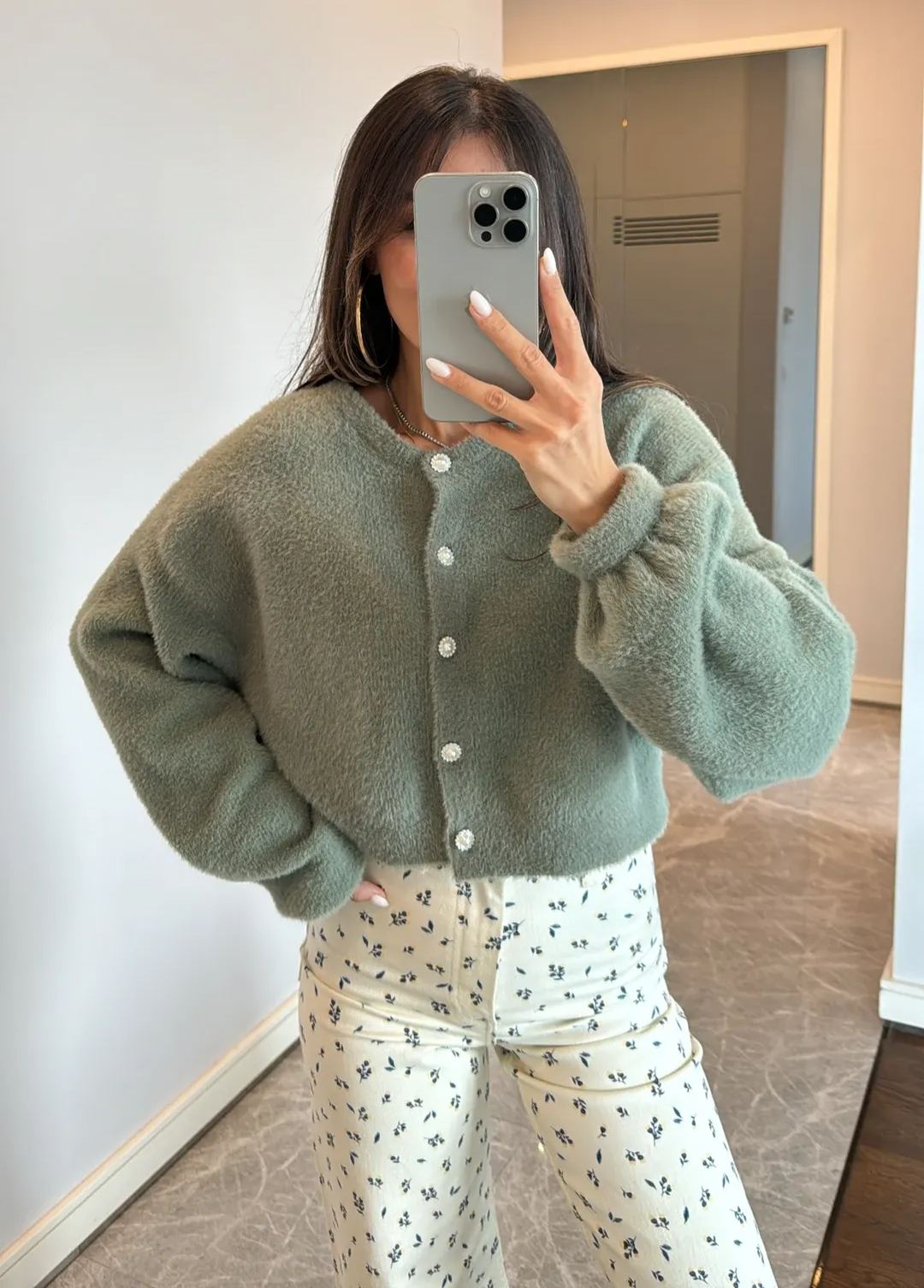 Green Stone Button Detailed Cardigan