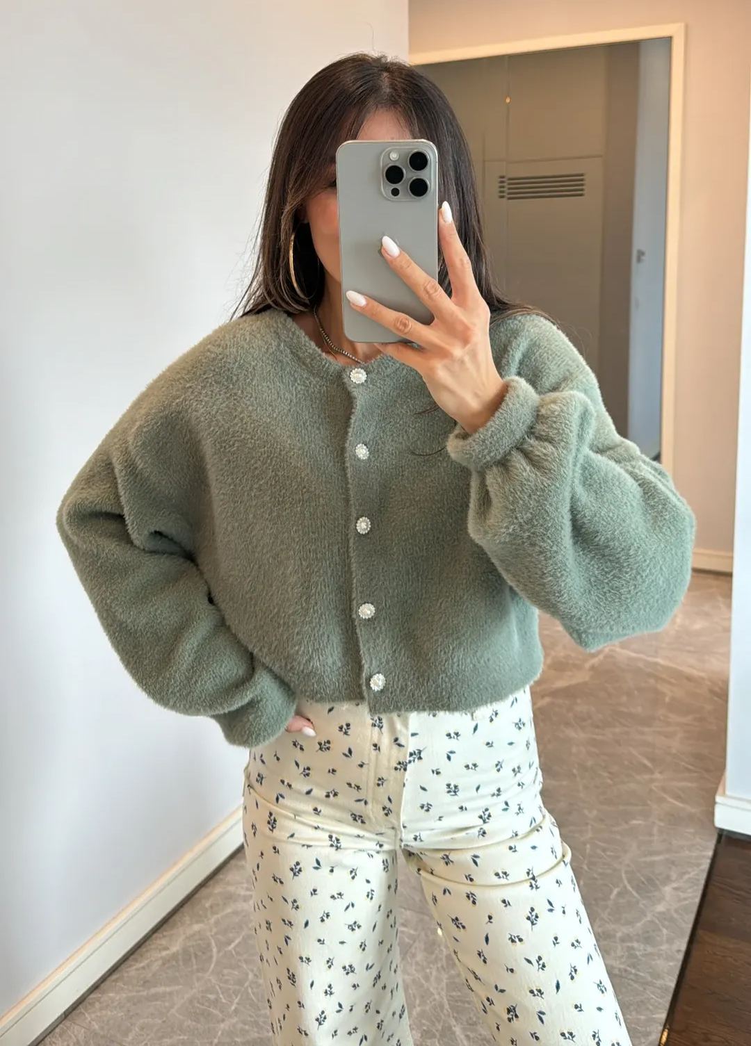 Green Stone Button Detailed Cardigan