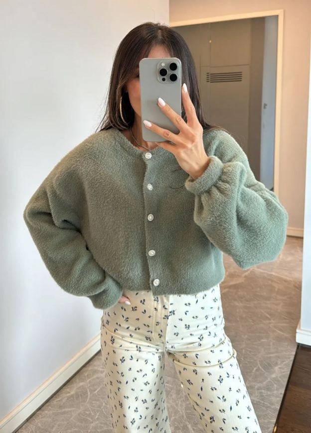 Green Stone Button Detailed Cardigan