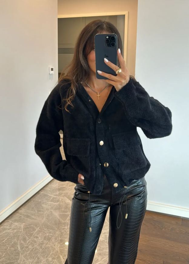 Hooded Black Buttoned Cardigan