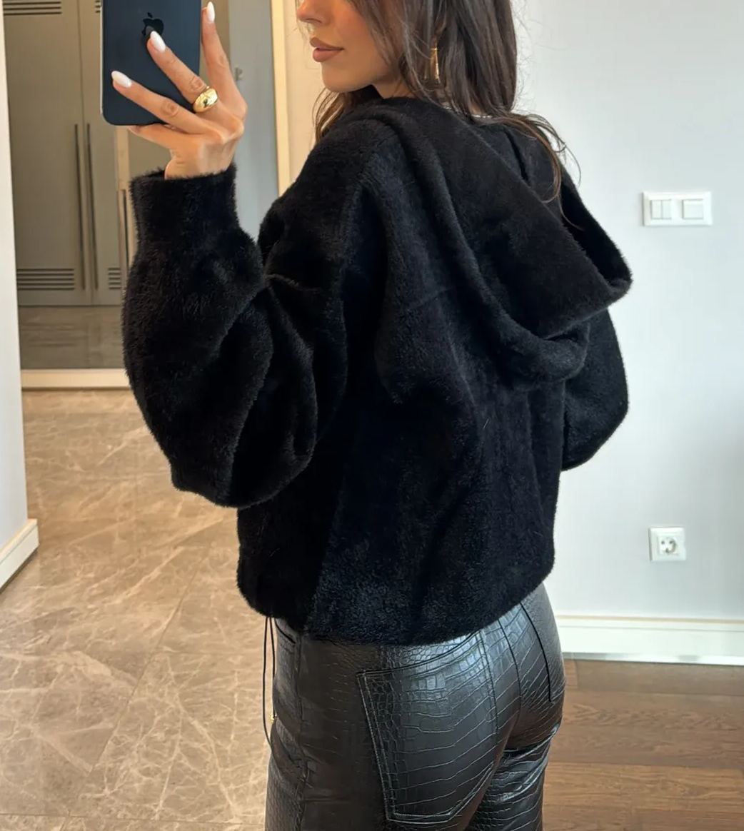 Hooded Black Buttoned Cardigan