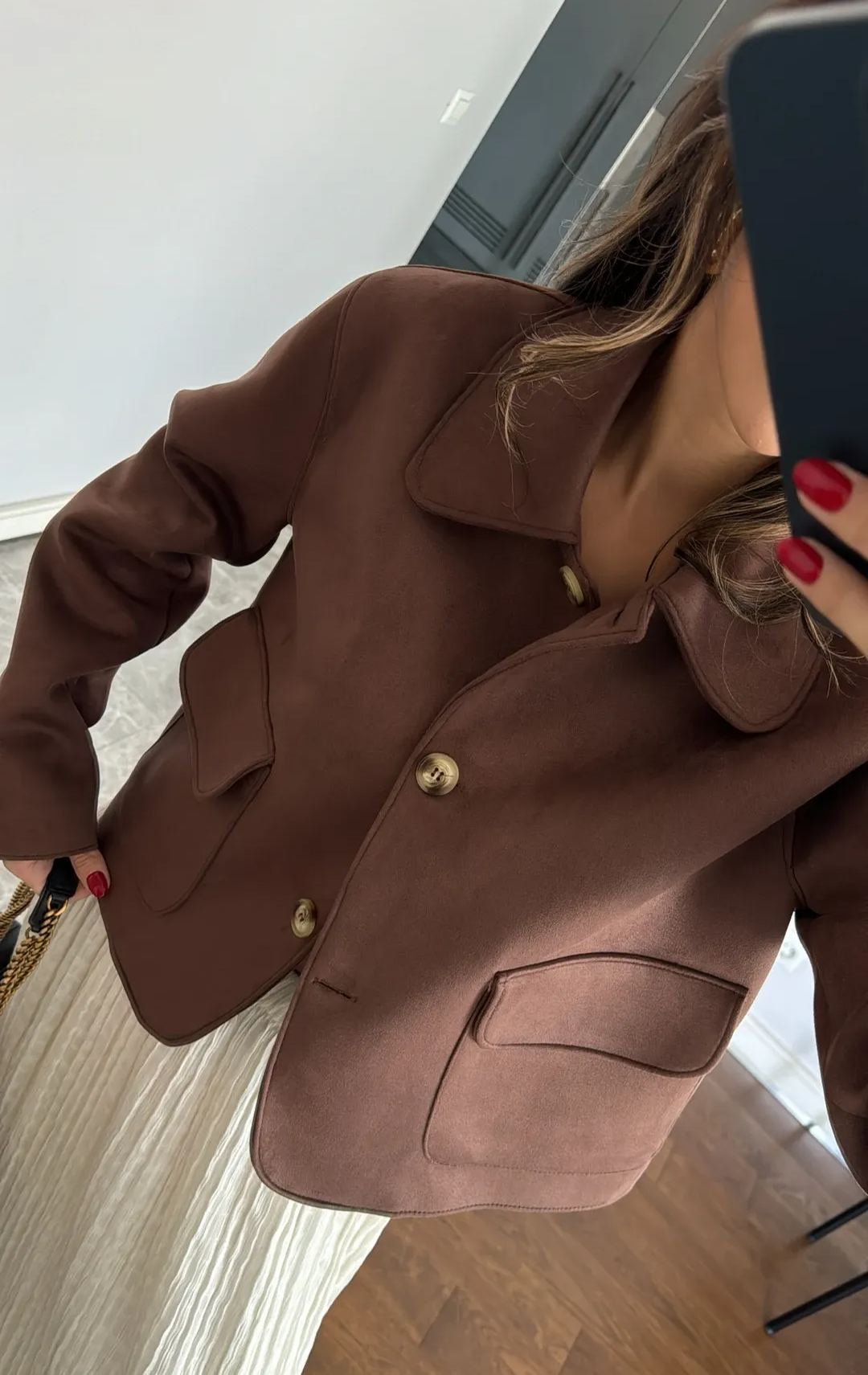 Bitter Brown Large Pocket Detailed Suede Jacket