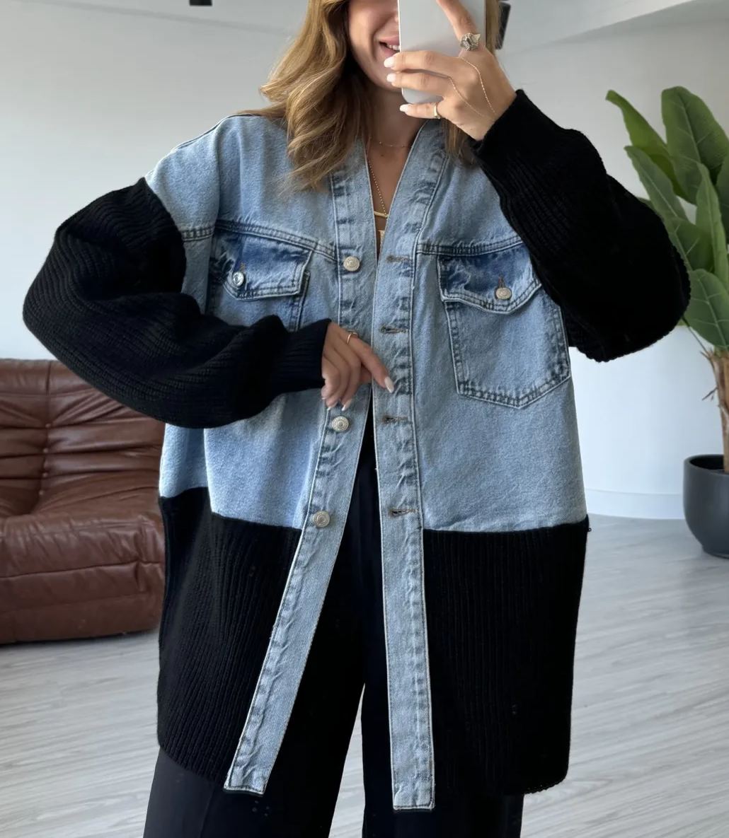 Blue Knitwear Detail Oversize Jean Jacket