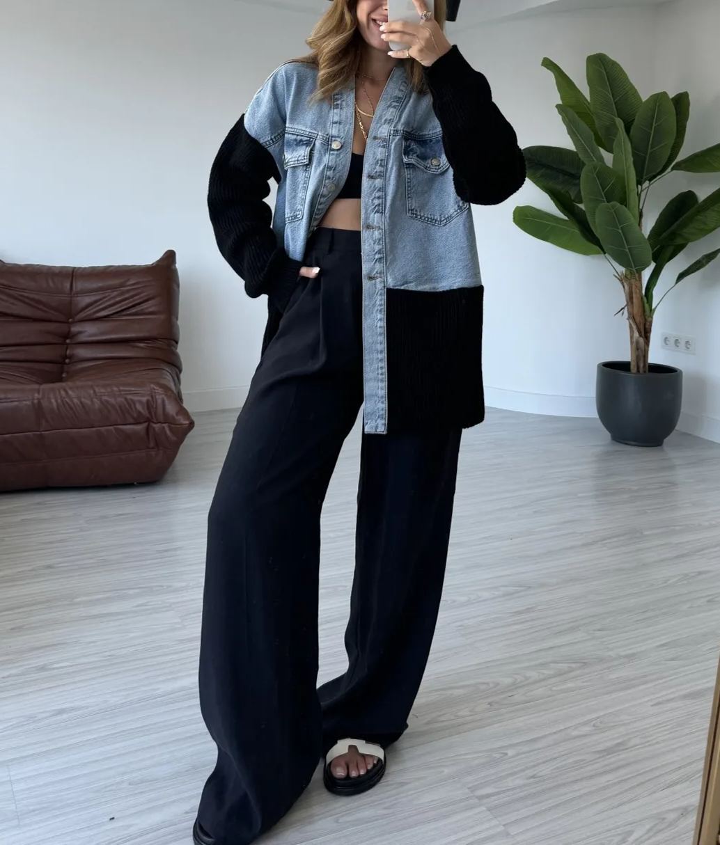 Blue Knitwear Detail Oversize Jean Jacket