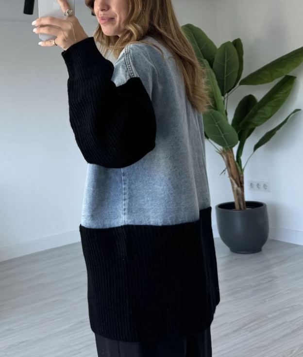 Blue Knitwear Detail Oversize Jean Jacket