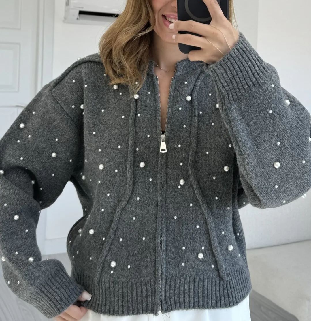 Anthracite Pearled Wool Cardigan