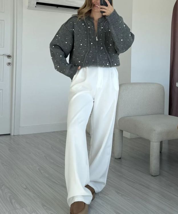 Anthracite Pearled Wool Cardigan