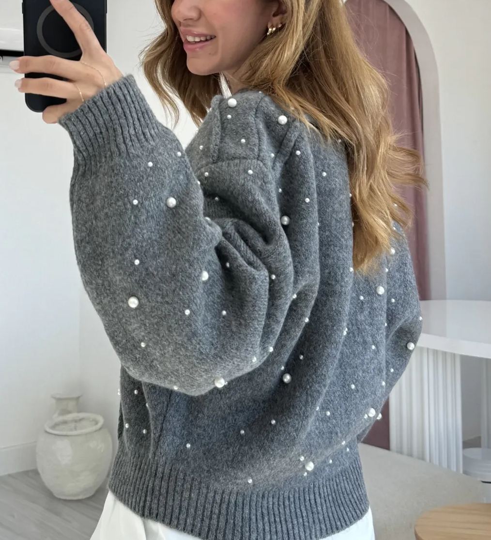 Anthracite Pearled Wool Cardigan