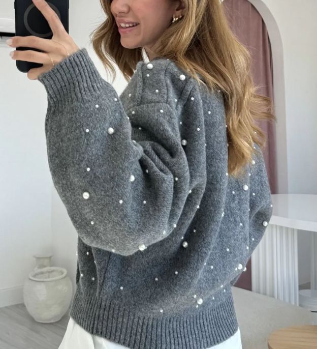 Anthracite Pearled Wool Cardigan