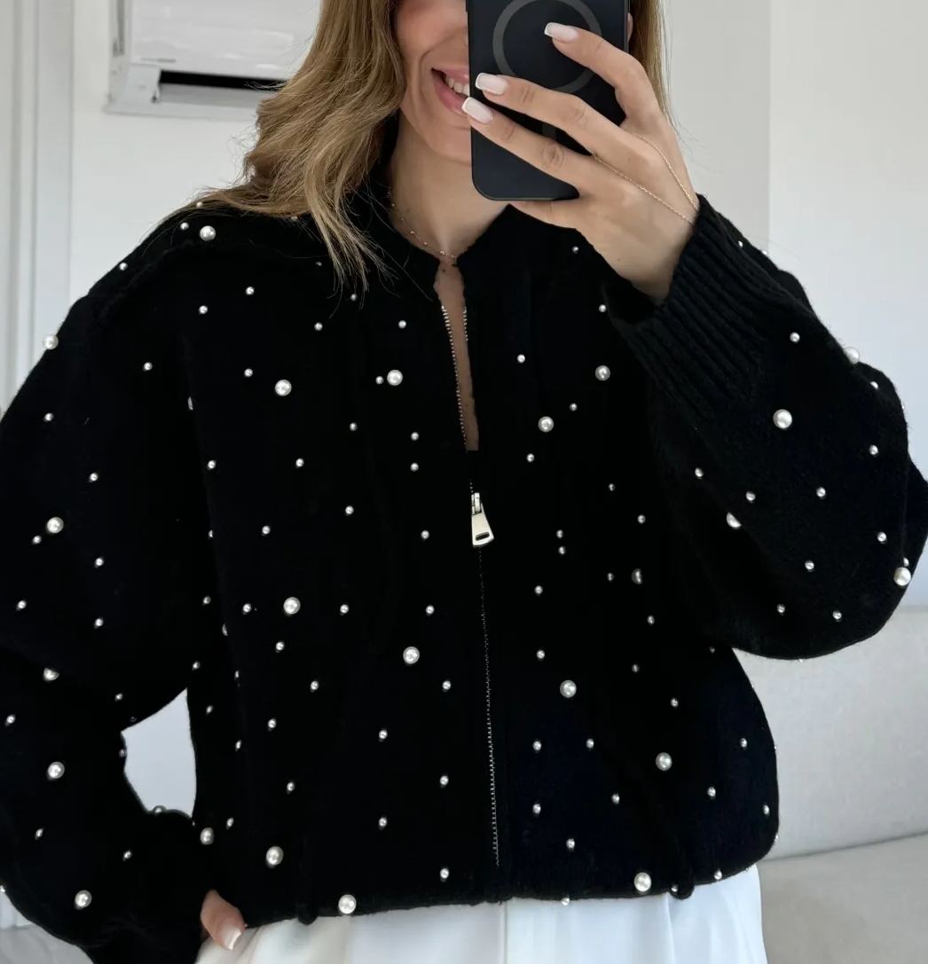 Black Pearled Wool Cardigan