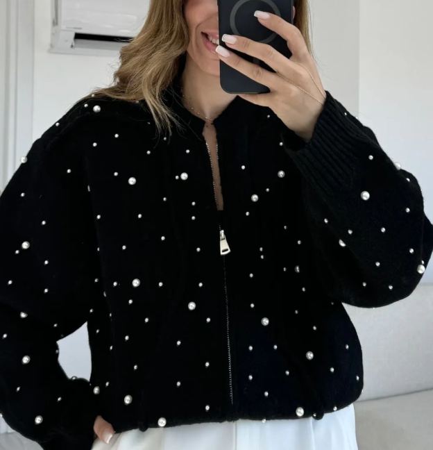 Black Pearled Wool Cardigan