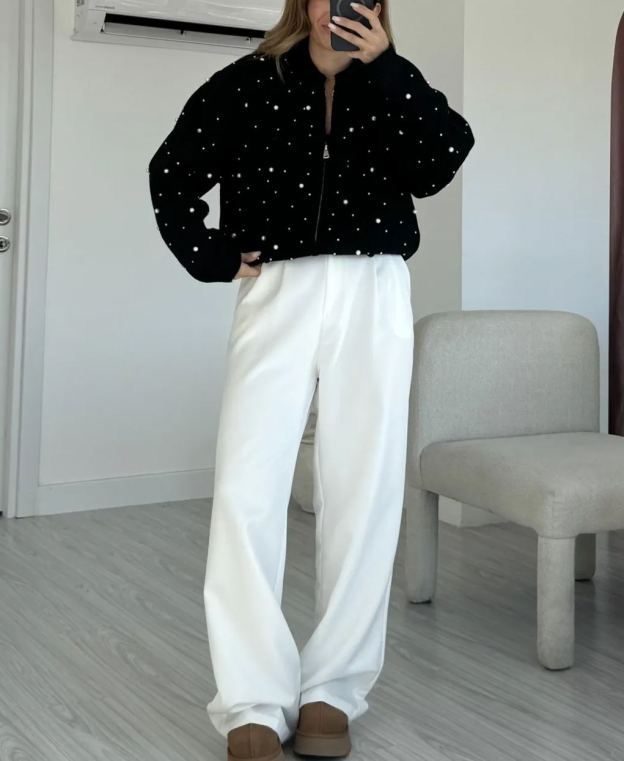 Black Pearled Wool Cardigan