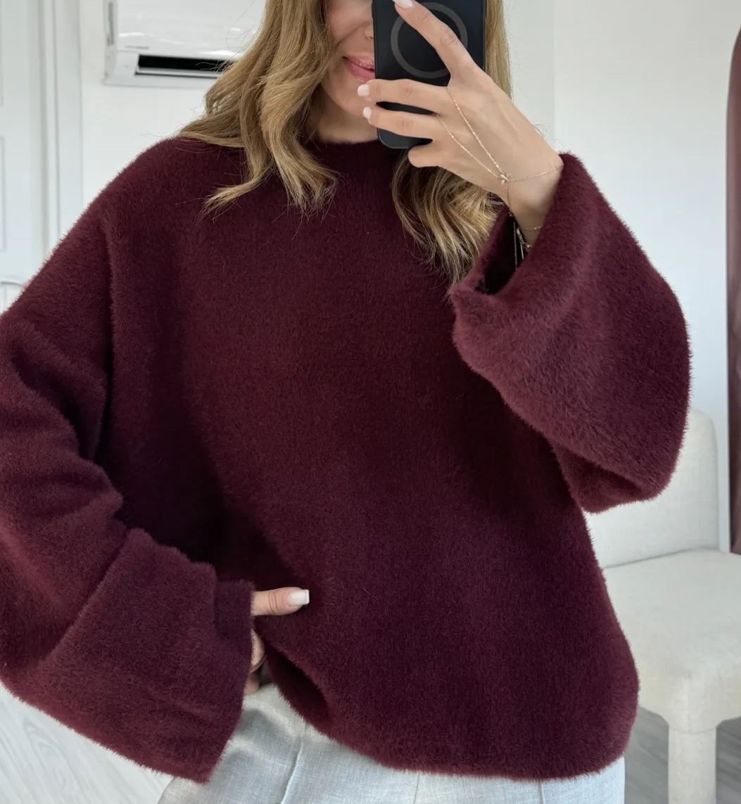 Claret Red Wide Sleeve Bearded Oversize Sweater