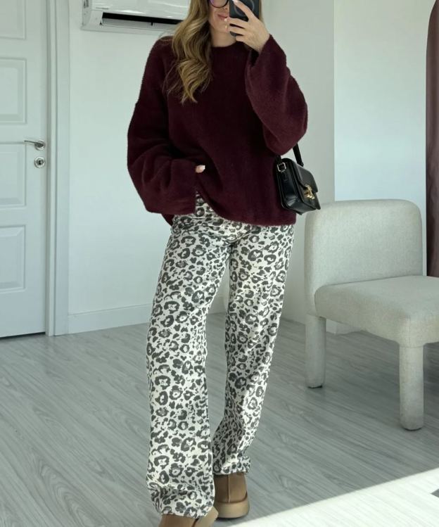 Claret Red Wide Sleeve Bearded Oversize Sweater