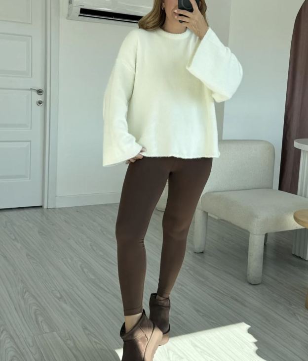 Ecru Wide Sleeve Bearded Oversize Sweater