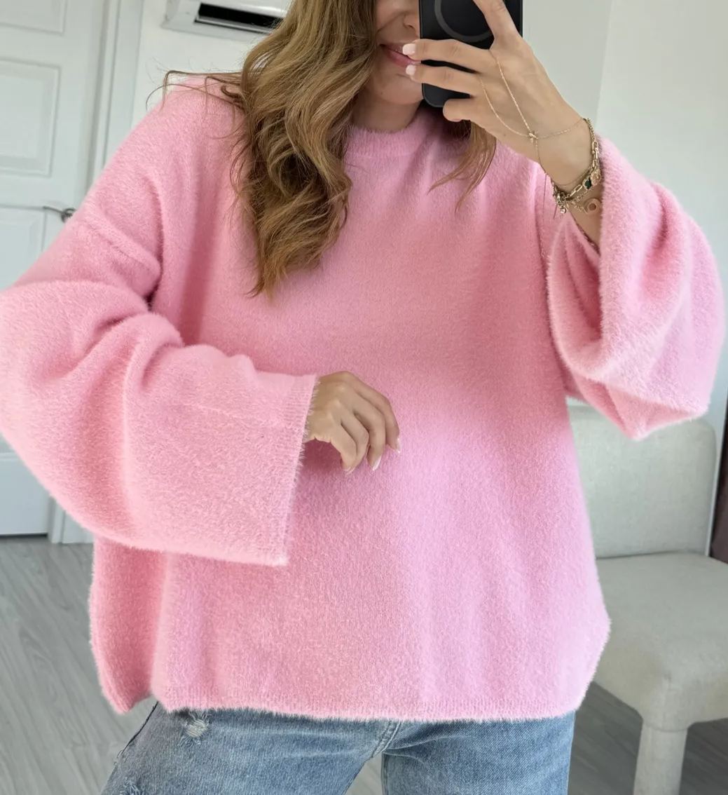 Pink Wide Sleeve Bearded Oversize Sweater