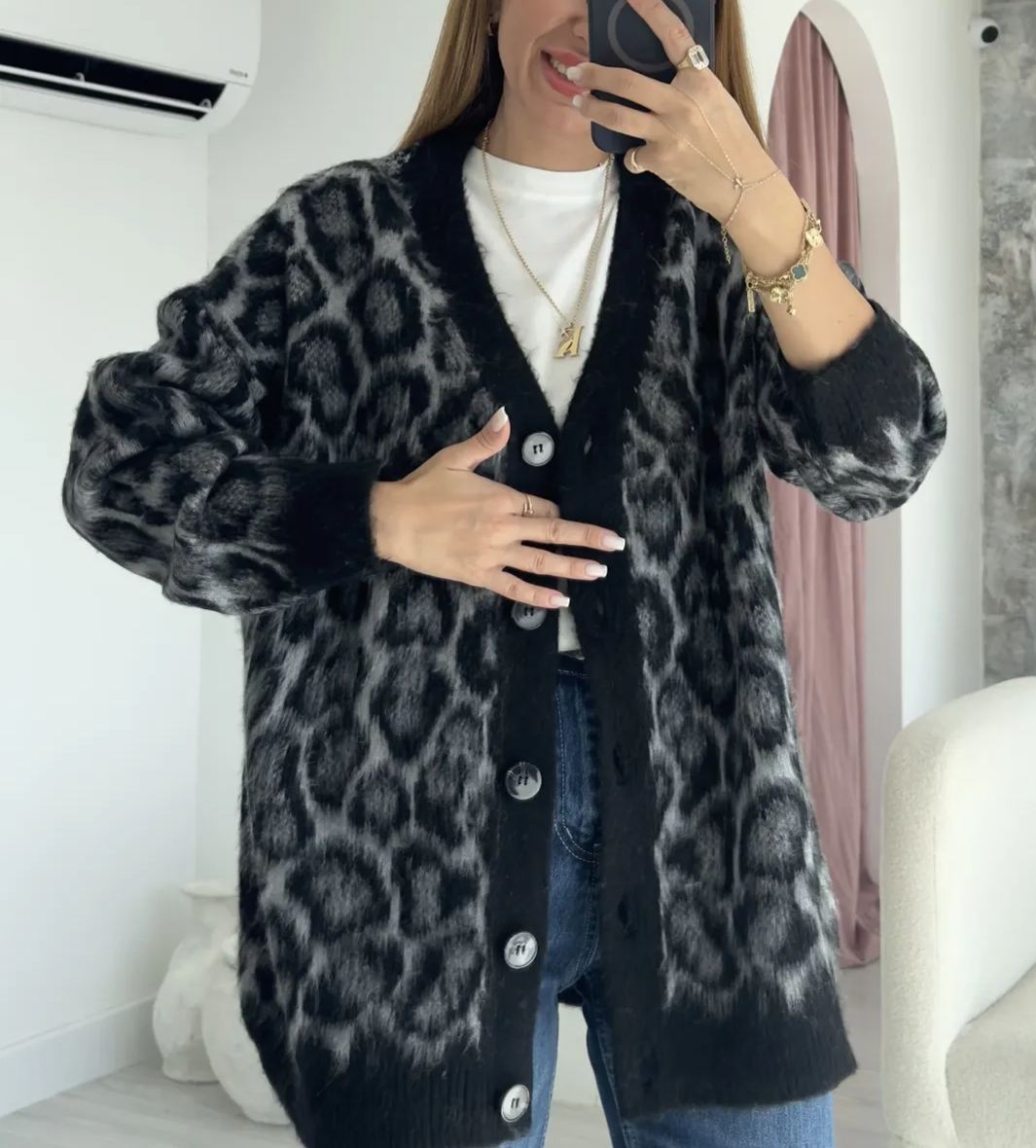 Black V Neck Leopard Patterned Furry Cardigan