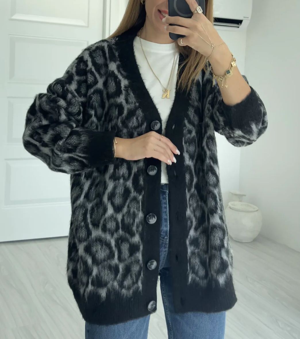 Black V Neck Leopard Patterned Furry Cardigan