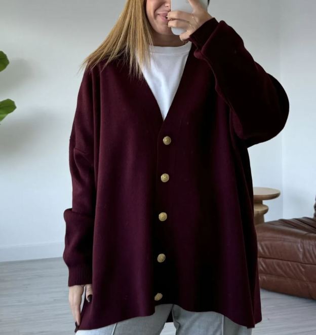 Claret Red Gold Button Detailed Knitwear Casual Cardigan