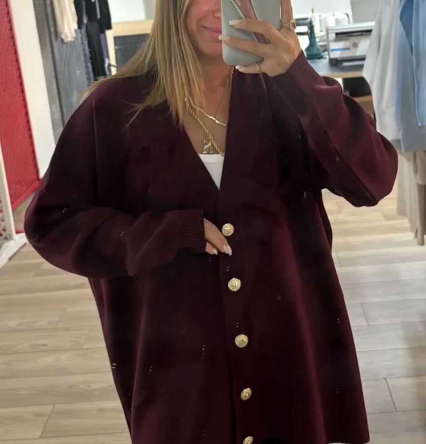 Claret Red Gold Button Detailed Knitwear Casual Cardigan