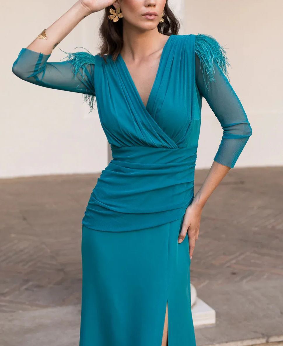 Green wide draped midi dress