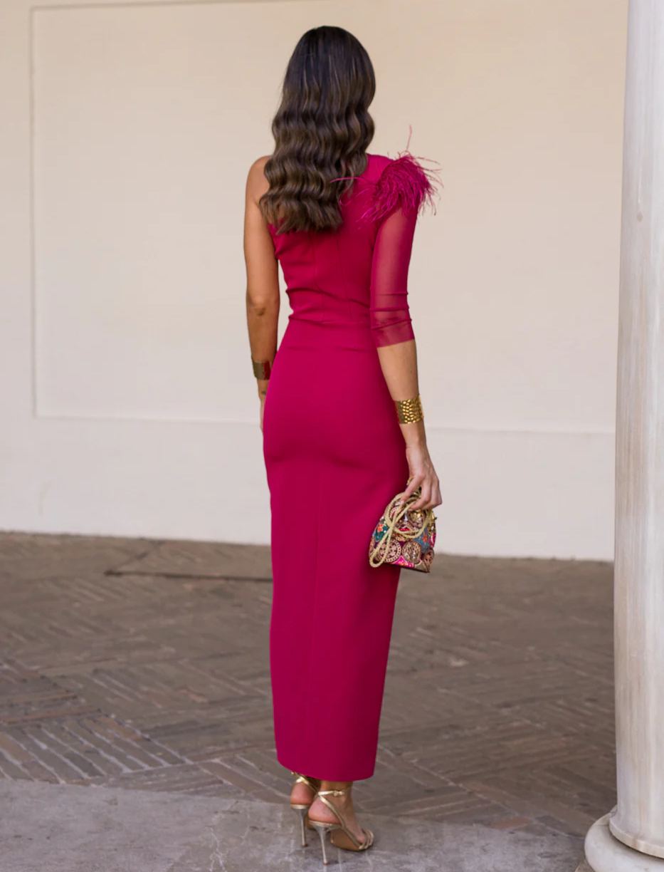 Cherry asymmetrical draped midi dress