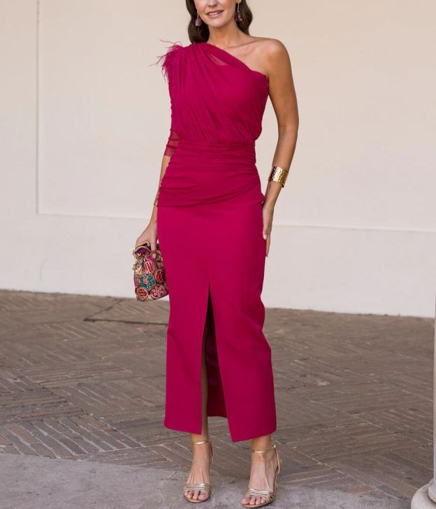 Cherry asymmetrical draped midi dress