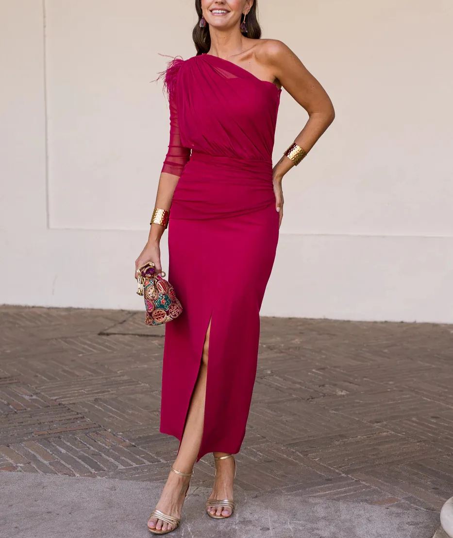 Cherry asymmetrical draped midi dress
