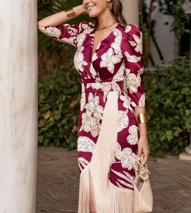 Cherry print fringed dress