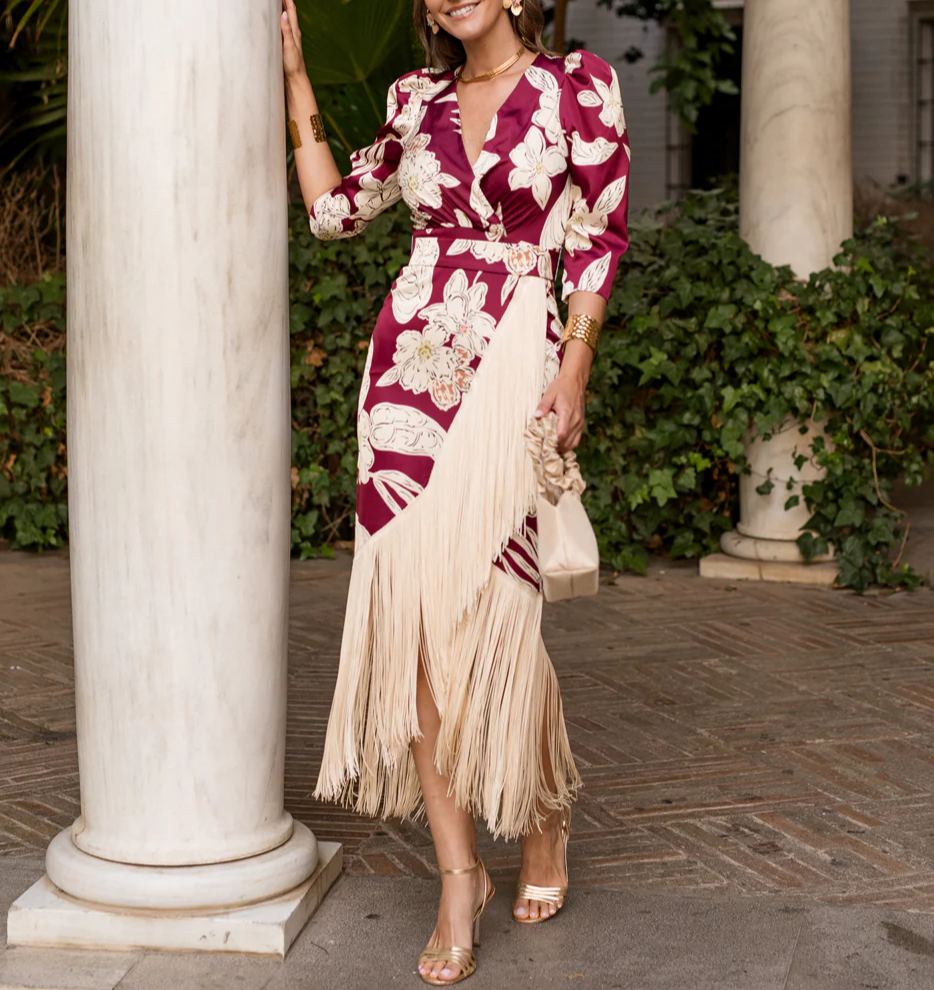 Cherry print fringed dress
