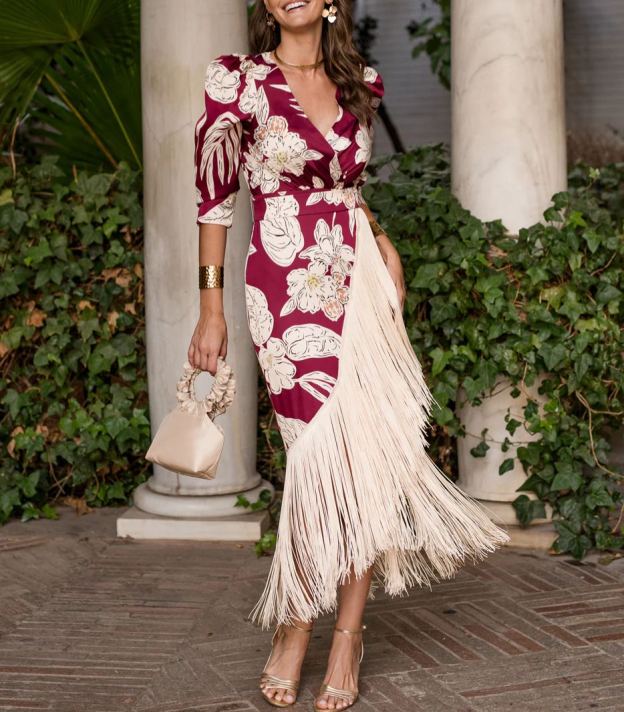 Cherry print fringed dress