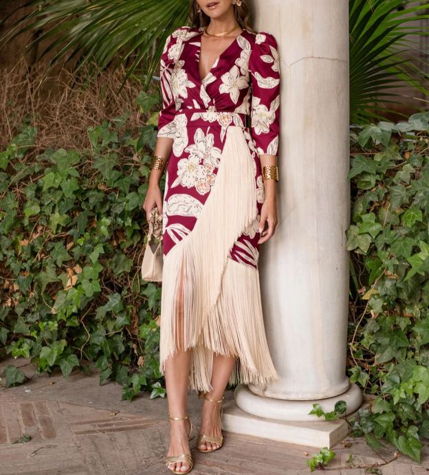 Cherry print fringed dress