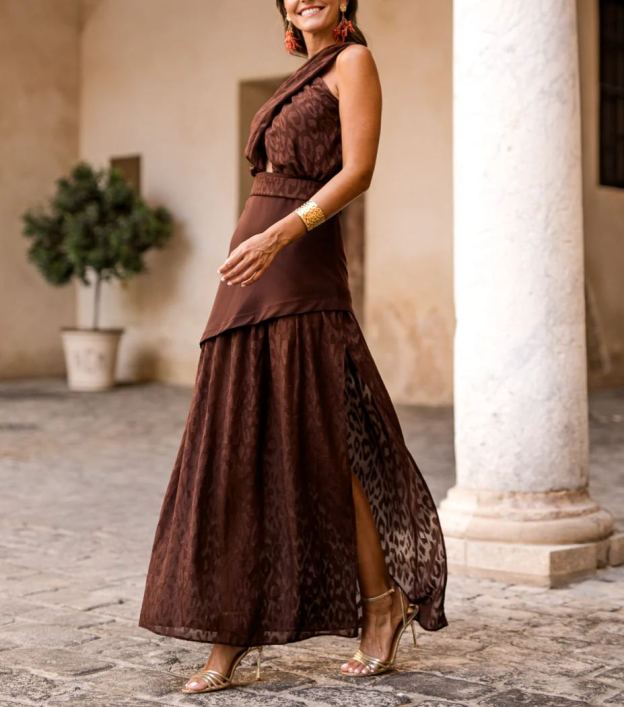 Long halter dress with double brown skirt
