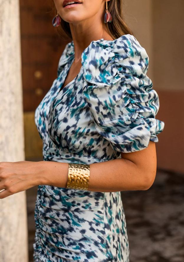 Blue print puff sleeve midi dress