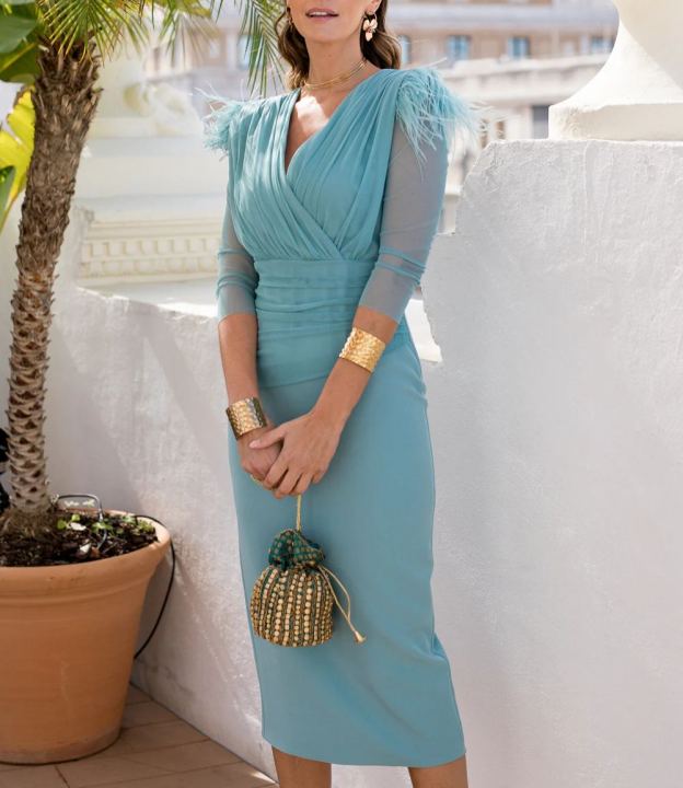 V-neck Pastel blue draped midi dress