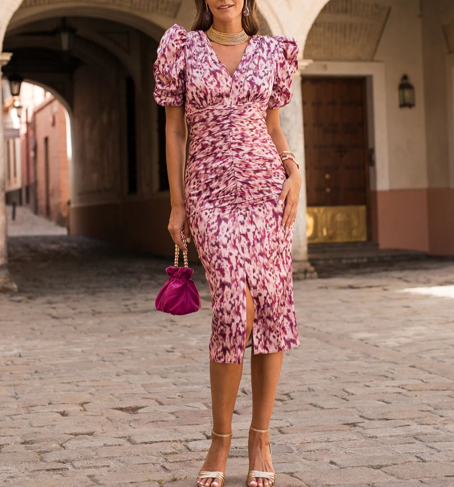 Print puff sleeve midi dress