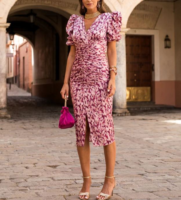 Print puff sleeve midi dress