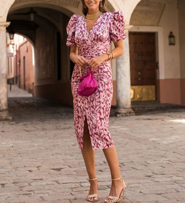 Print puff sleeve midi dress