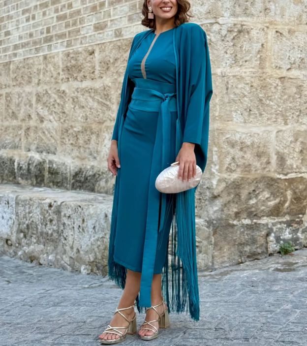 Turquoise Andalusian Dress with Fringed Cape