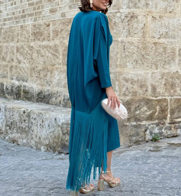 Turquoise Andalusian Dress with Fringed Cape