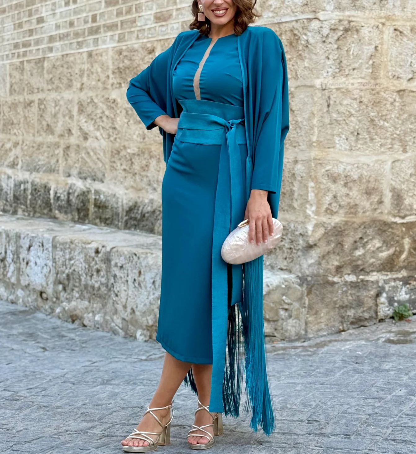 Turquoise Andalusian Dress with Fringed Cape