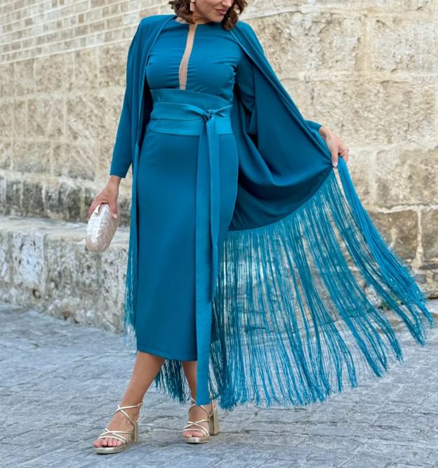 Turquoise Andalusian Dress with Fringed Cape