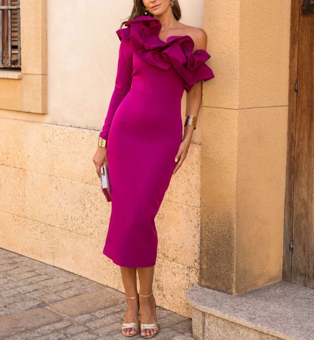 buganvilla Asymmetrical long-sleeved dress with ruffle