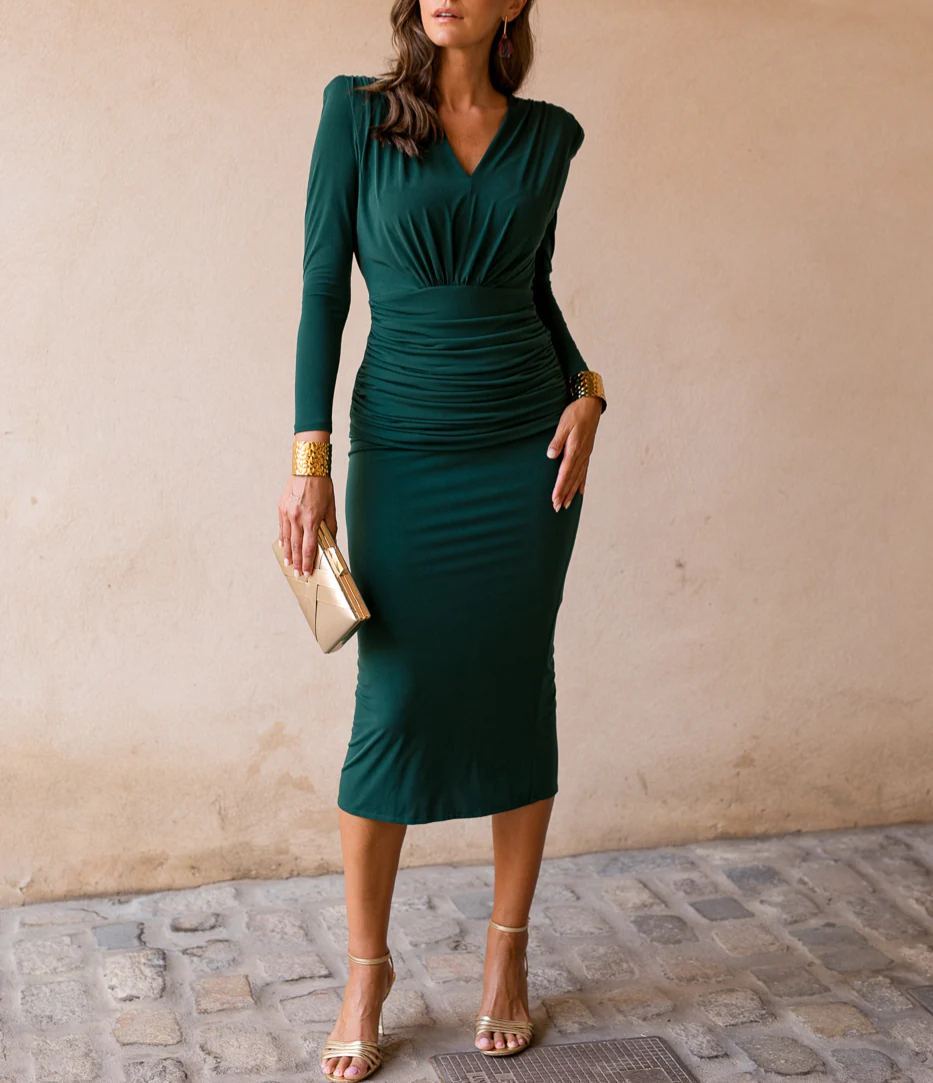 Green ruched midi dress with shoulder pads